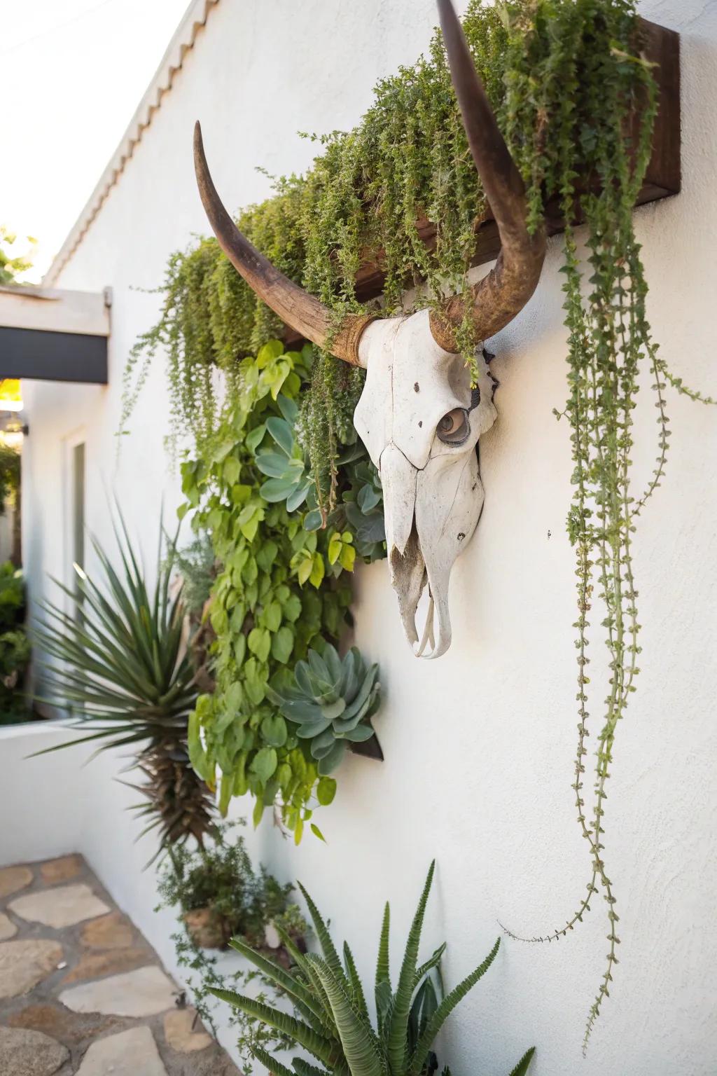 Cow skull decorated with tiny plant decorations to get a natural look.