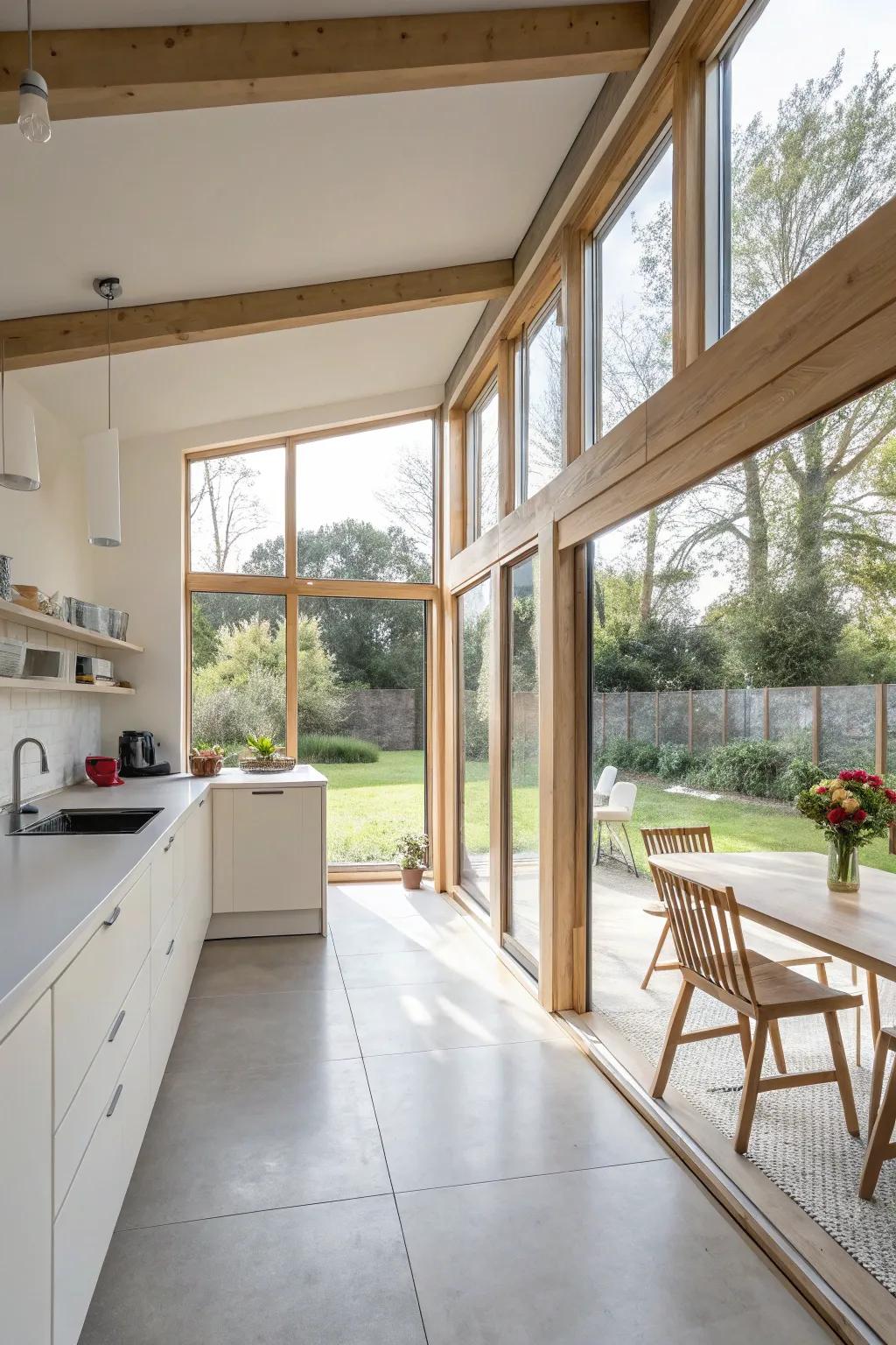 A bright, open cottage kitchen filled with natural light pouring in through broad windows.