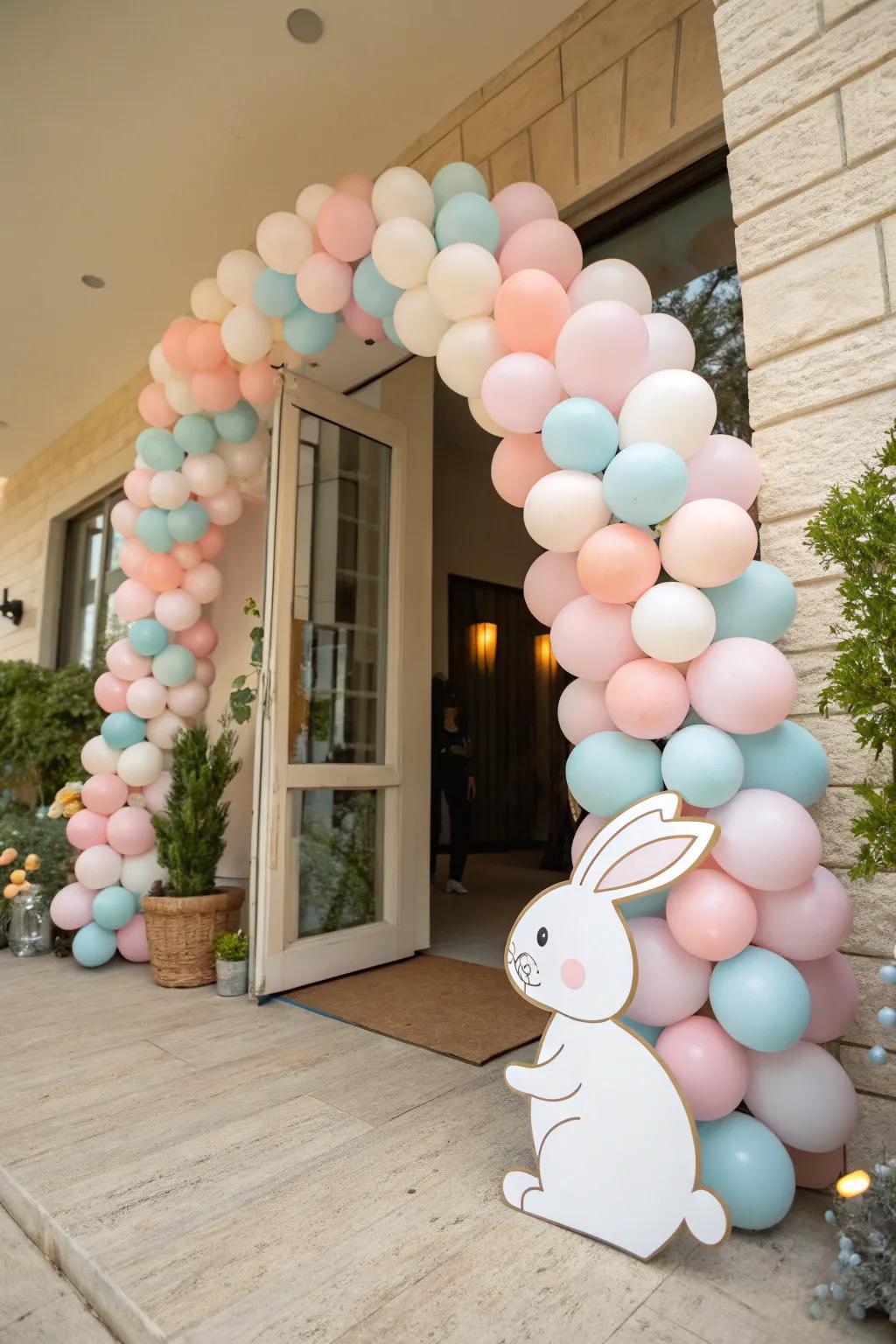 A beautiful soft-toned balloon garland greets guests at the bunny baby shower.