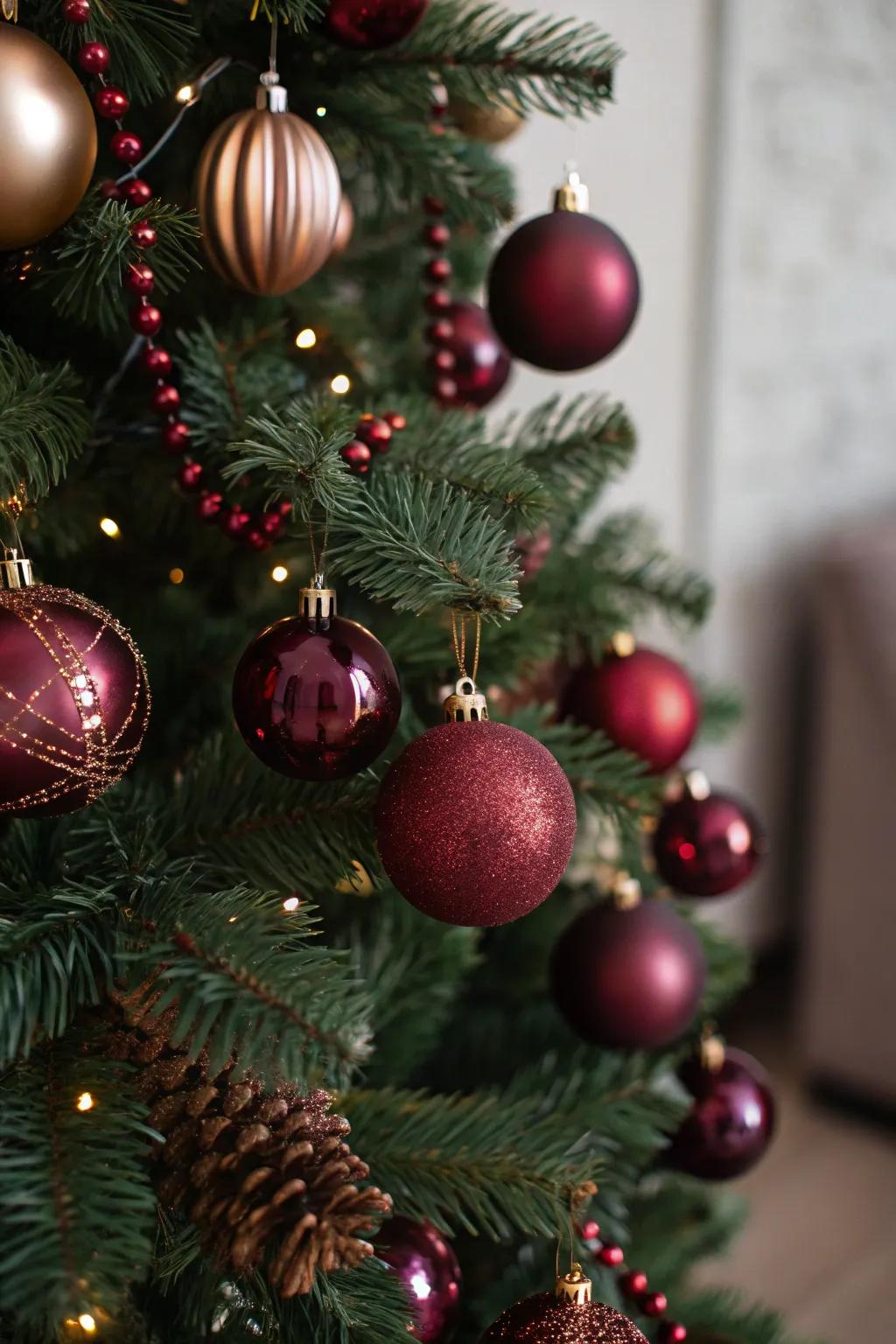 Breathtaking deep red gems provide richness and depth to the Christmas tree.