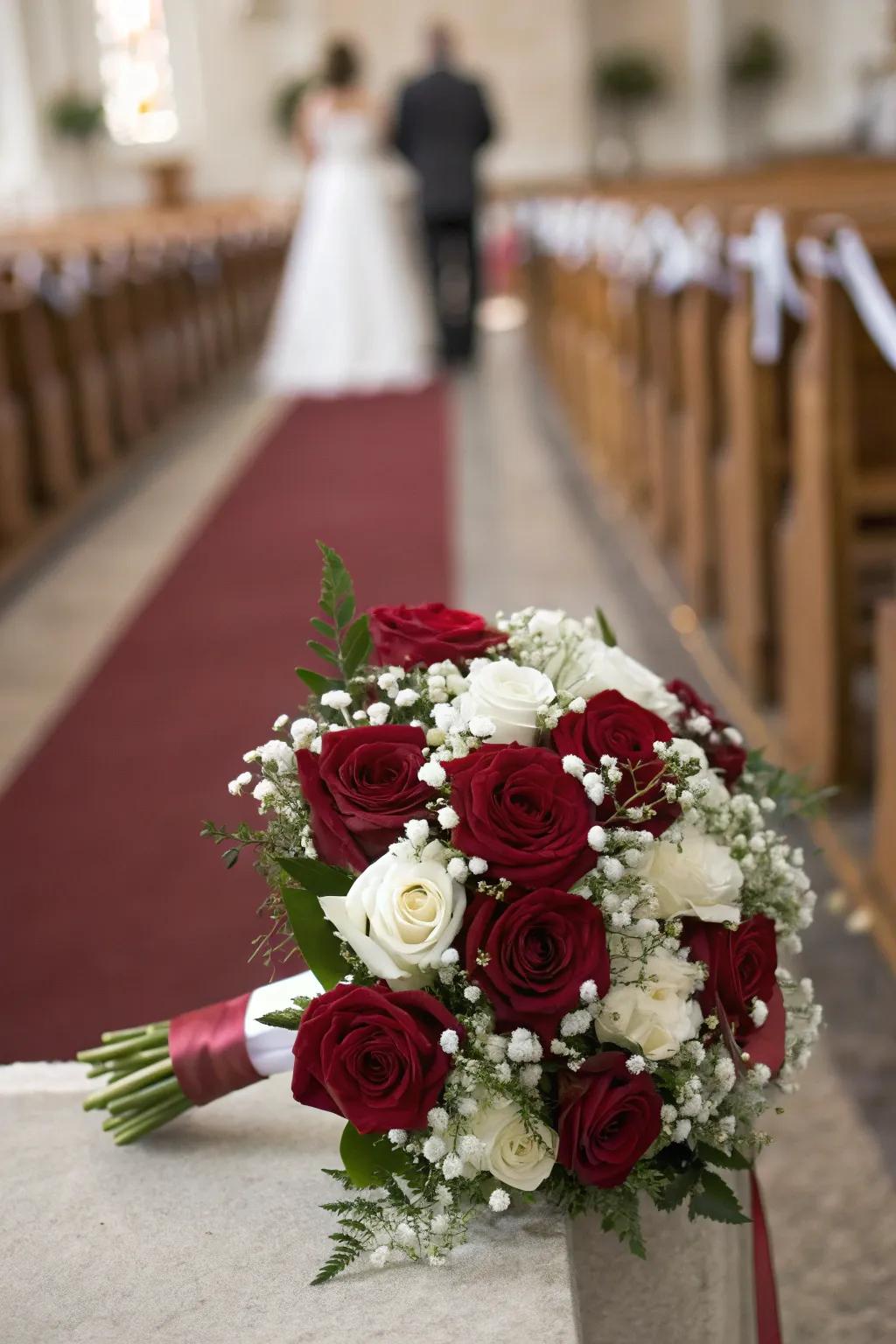 Classic deep red roses combined with soft white blossoms.