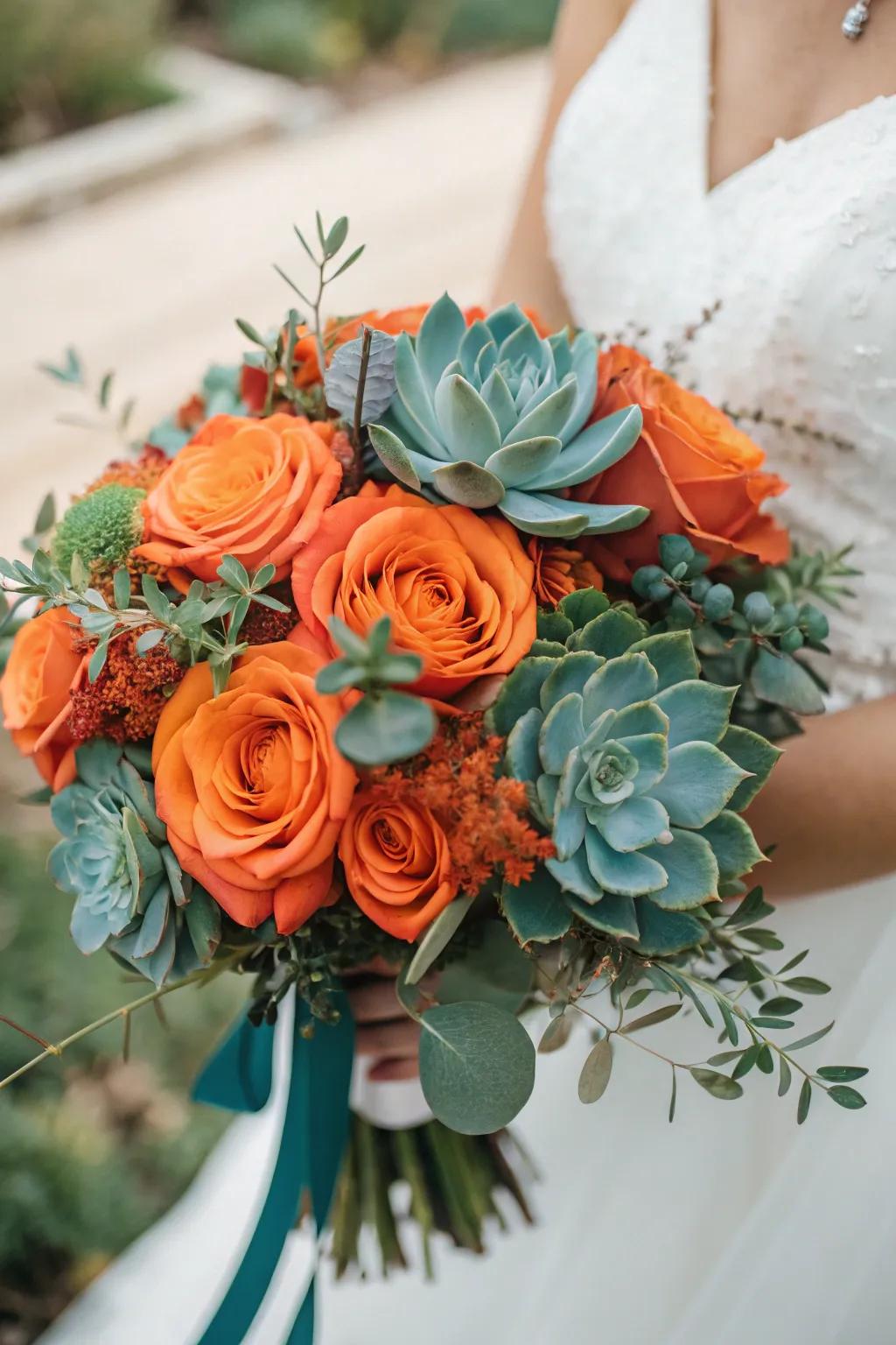 A bridal arrangement perfectly combining rust orange and cerulean.