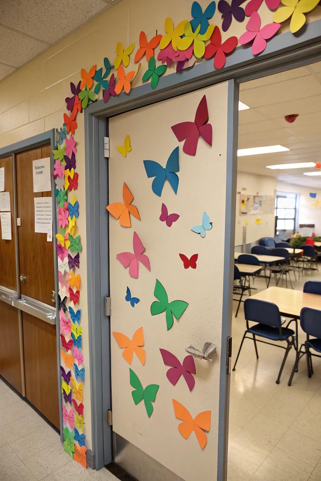 Make your classroom door pop with a vibrant array of butterfly cutouts.