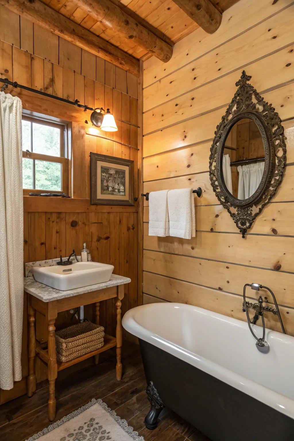 A cabin bathroom enriched with wooden paneling and natural-inspired decor.