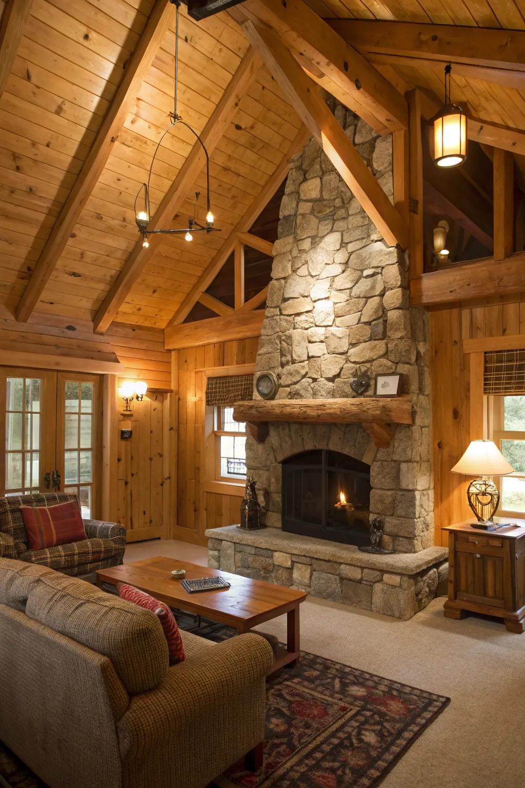 Rustic cabin interior showcasing wood and stone accents