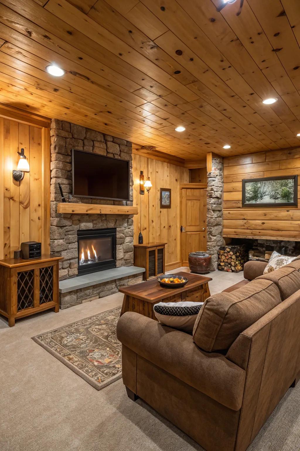 Organic materials cultivate a snug and welcoming atmosphere for your game room.