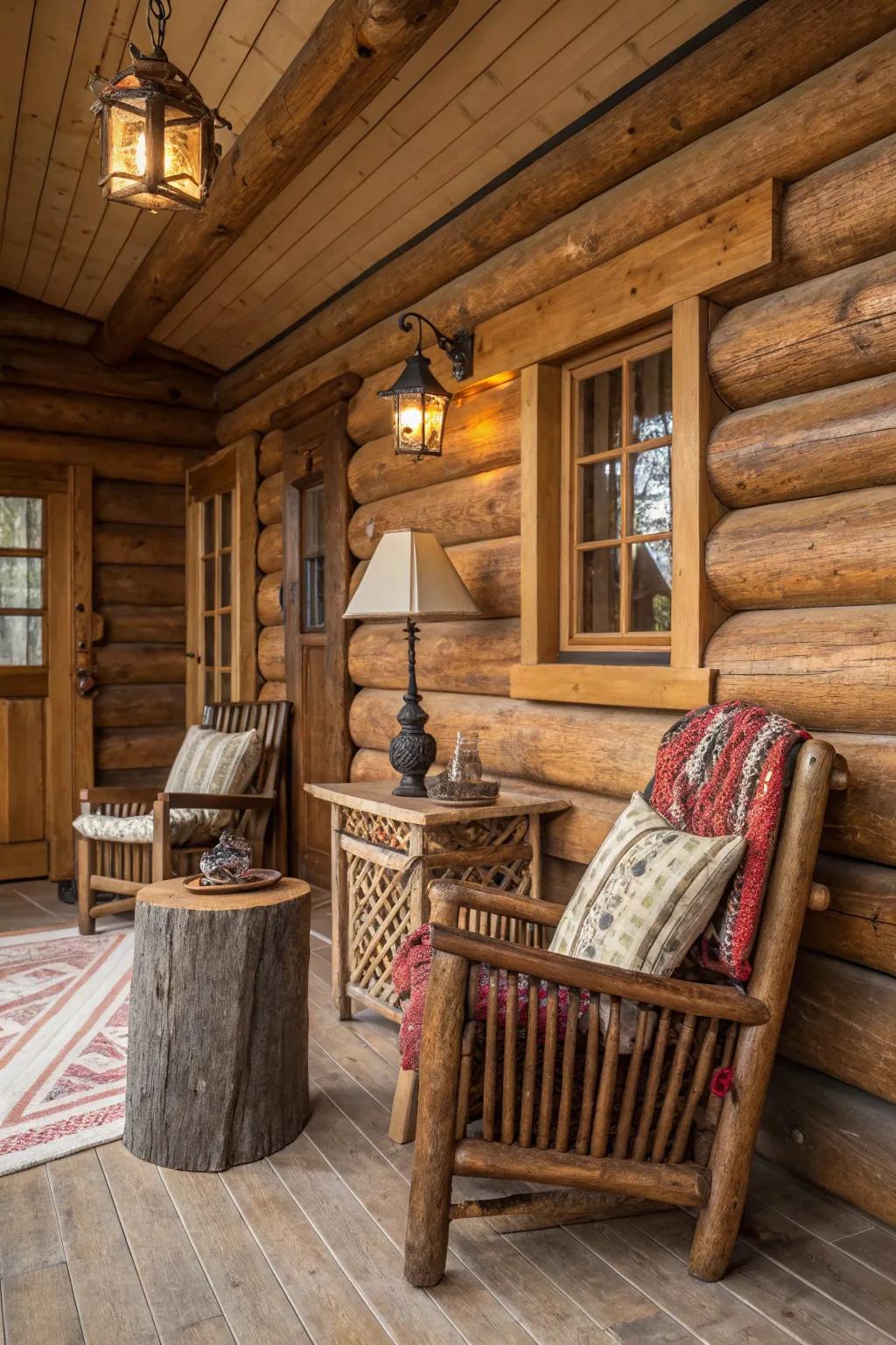 A cabin showcasing gorgeous wooden elements and natural textures.