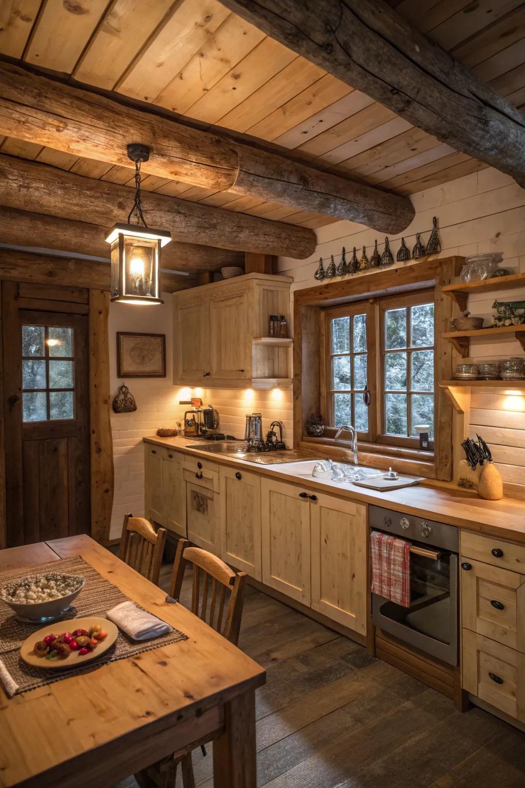 Natural wood shades foster a snug and alluring cabin kitchen ambiance.