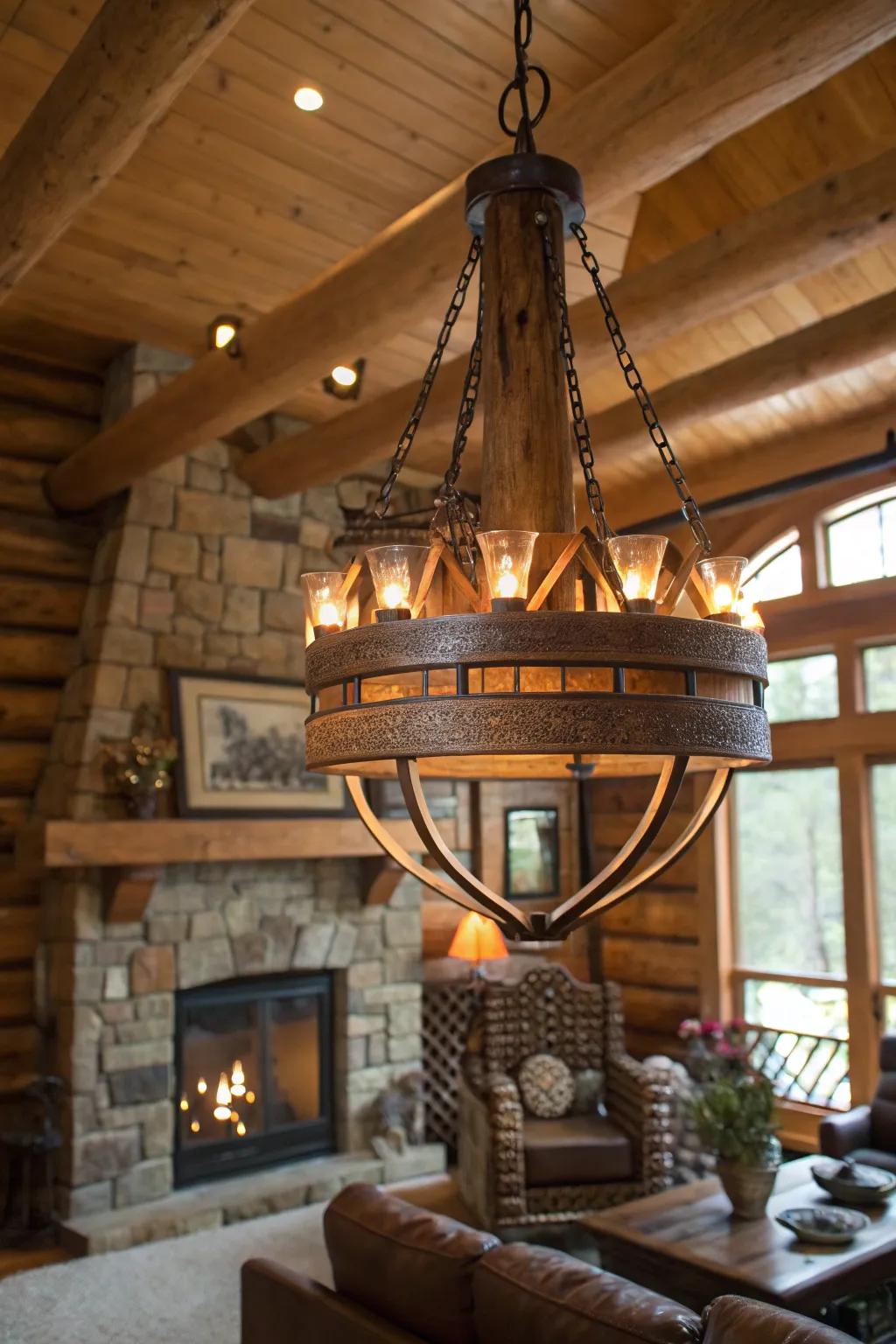 A rustic chandelier bringing refinement and warmth to a cabin living room.