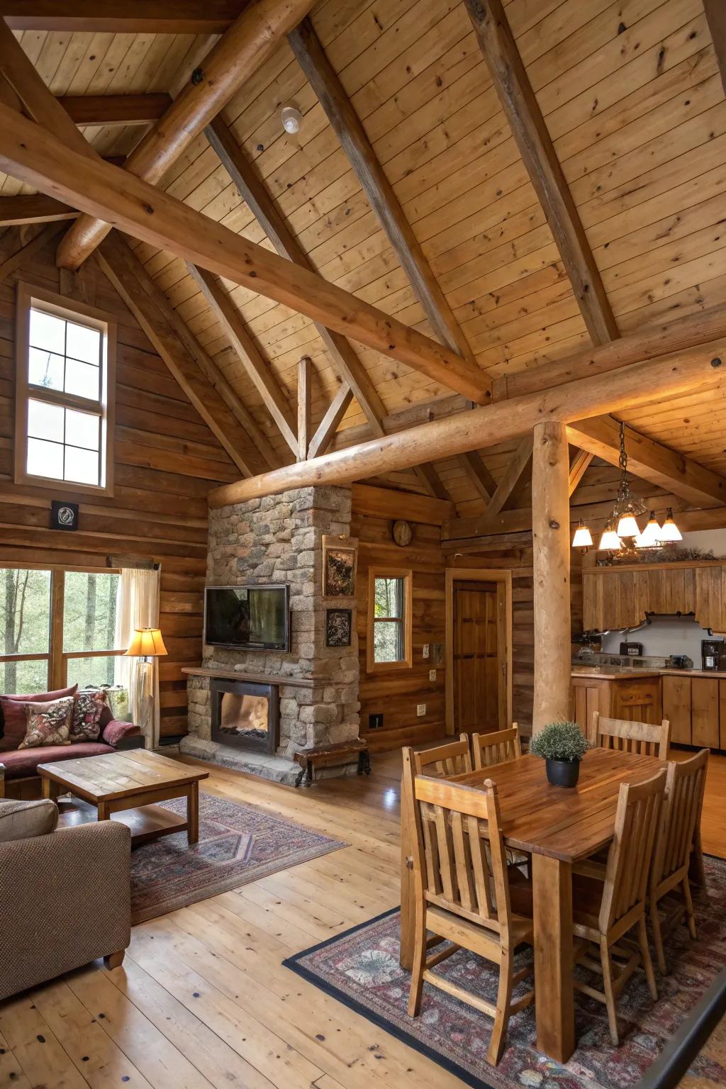 A cozy cabin living area featuring gorgeous exposed wood beams.