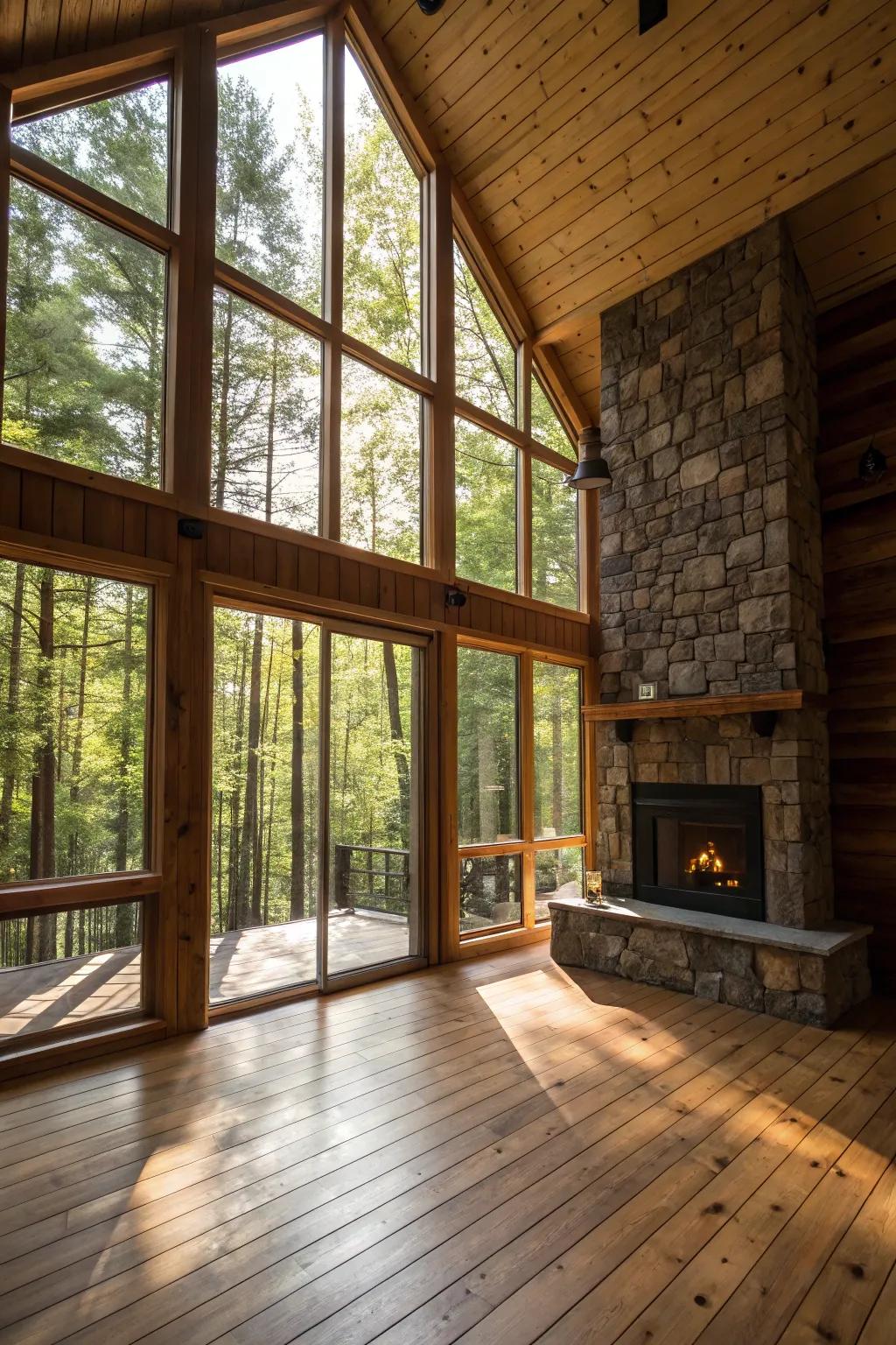 Large windows convert this cabin into a sun-drenched getaway.