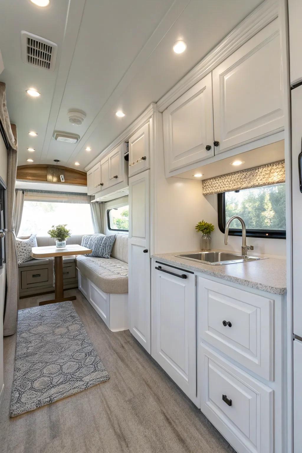 White cabinets can help your RV feel brighter and more welcoming.
