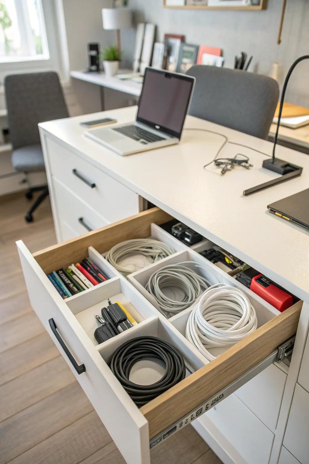 Cables arranged neatly within a drawer using dividers.