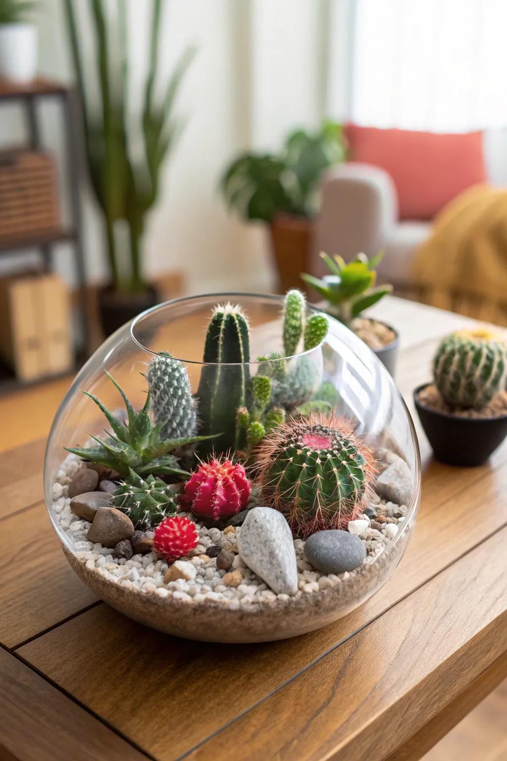 A fashionable glass terrarium with cacti forms a tiny landscape.