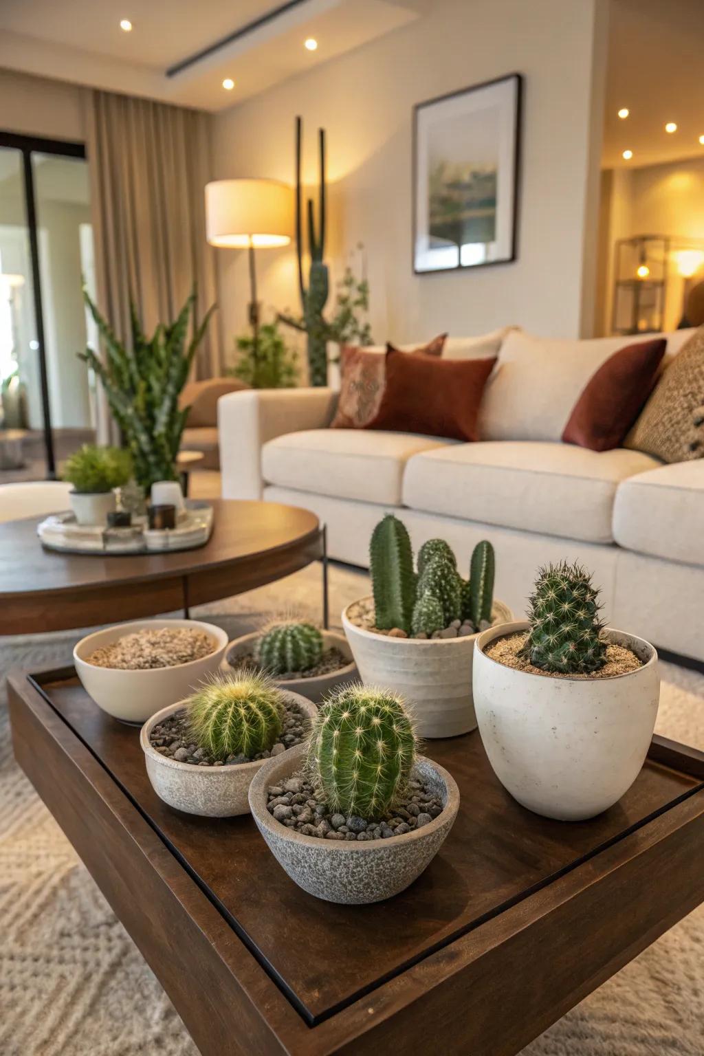 Graceful ceramic bowls create chic spots for petite cacti.
