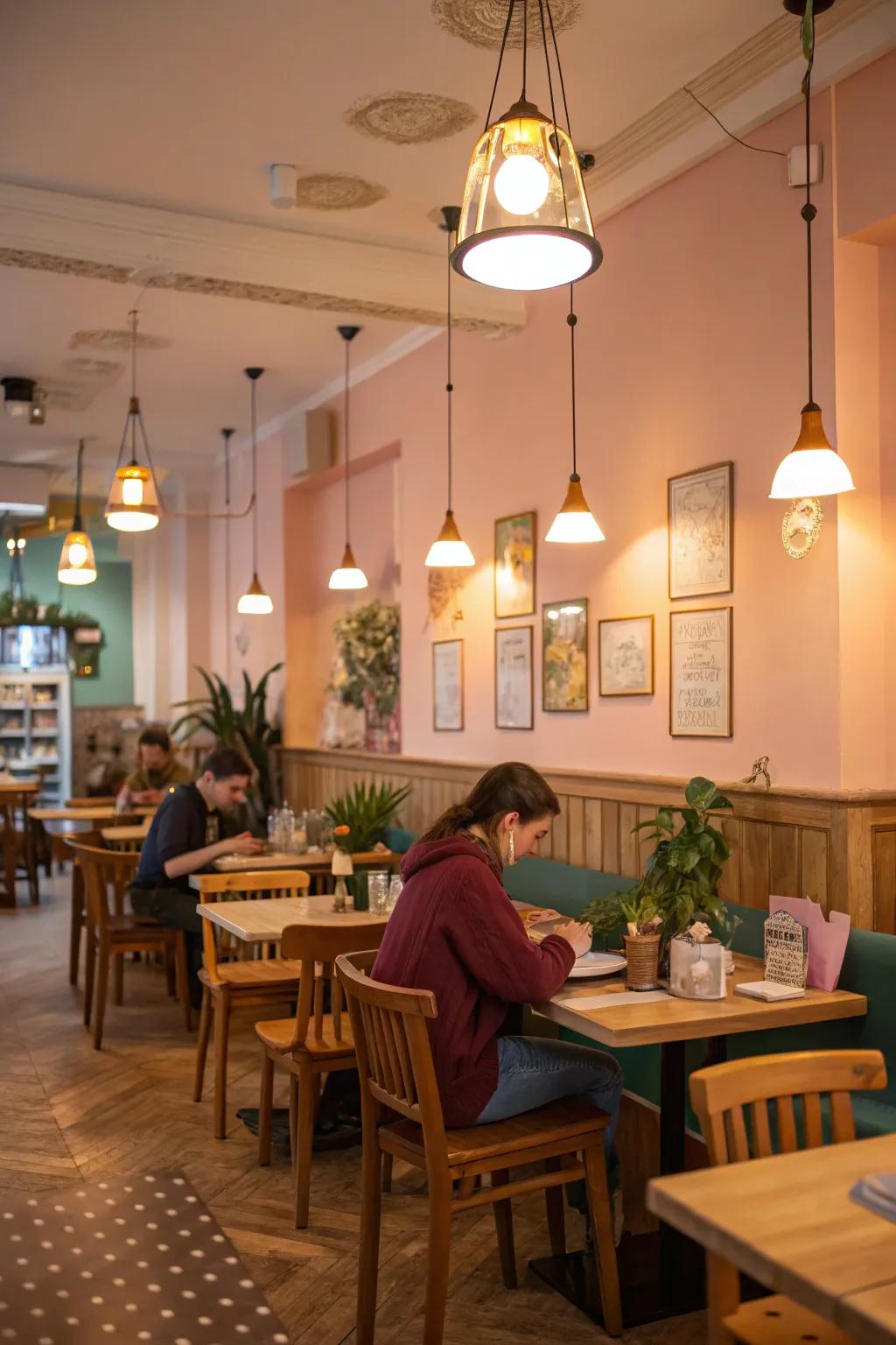 Ambient lighting in a home cafe crafts an inviting and warm environment.