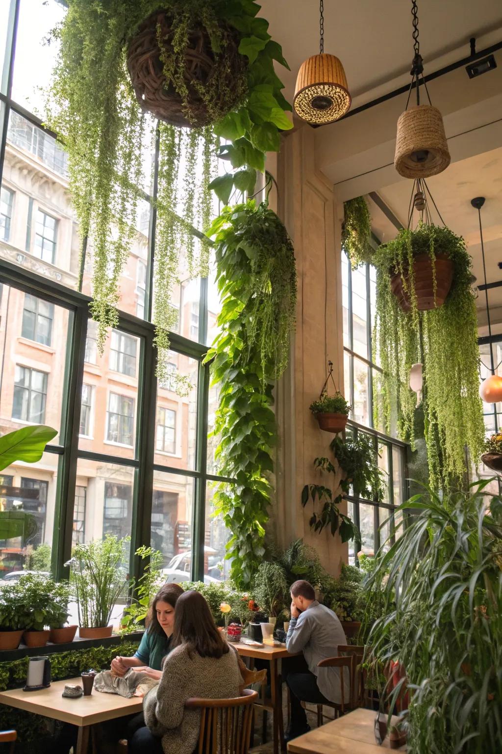 A meeting place of nature and relaxation within a verdant caf&eacute;.