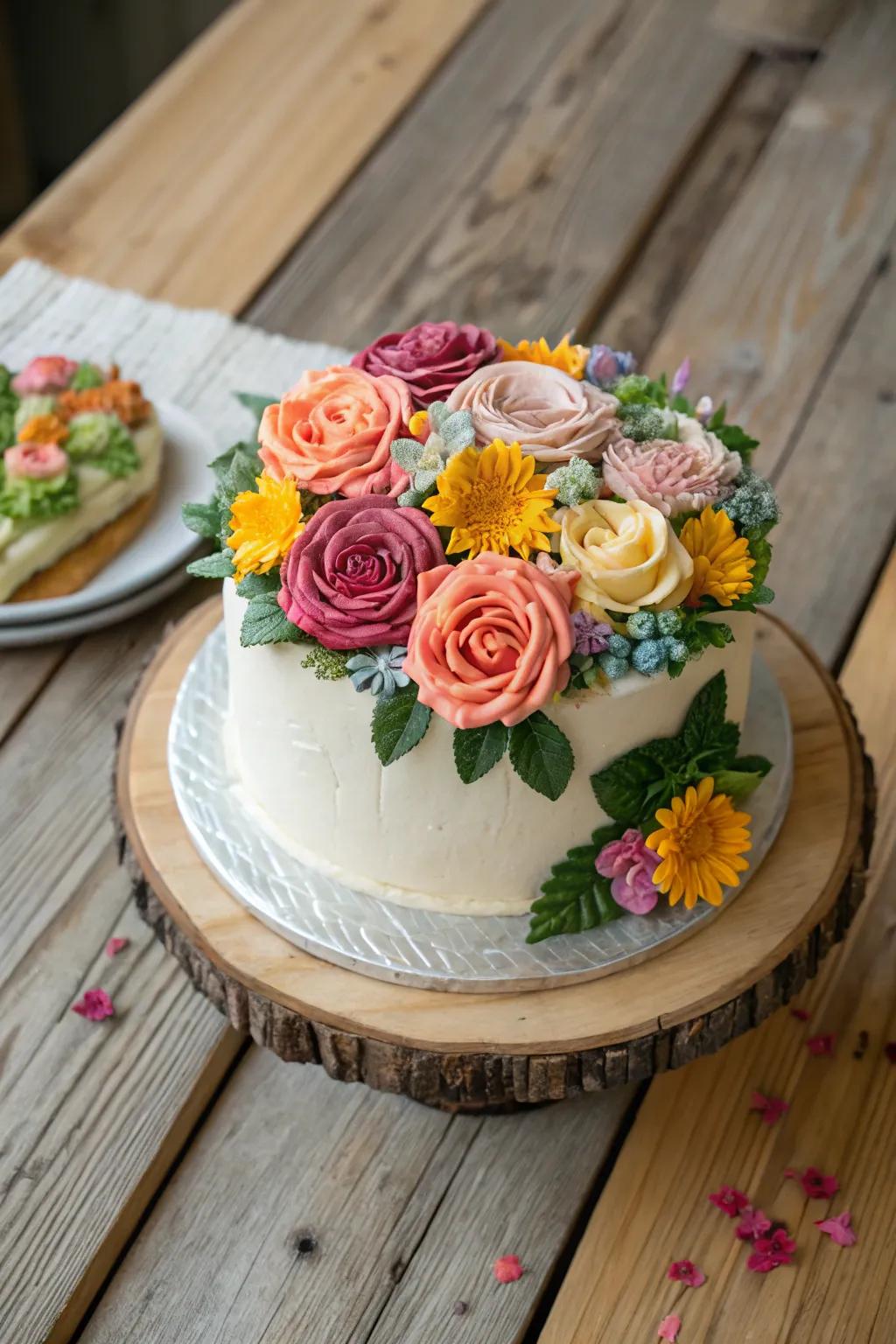 A cake that becomes a blooming garden with buttercream flowers