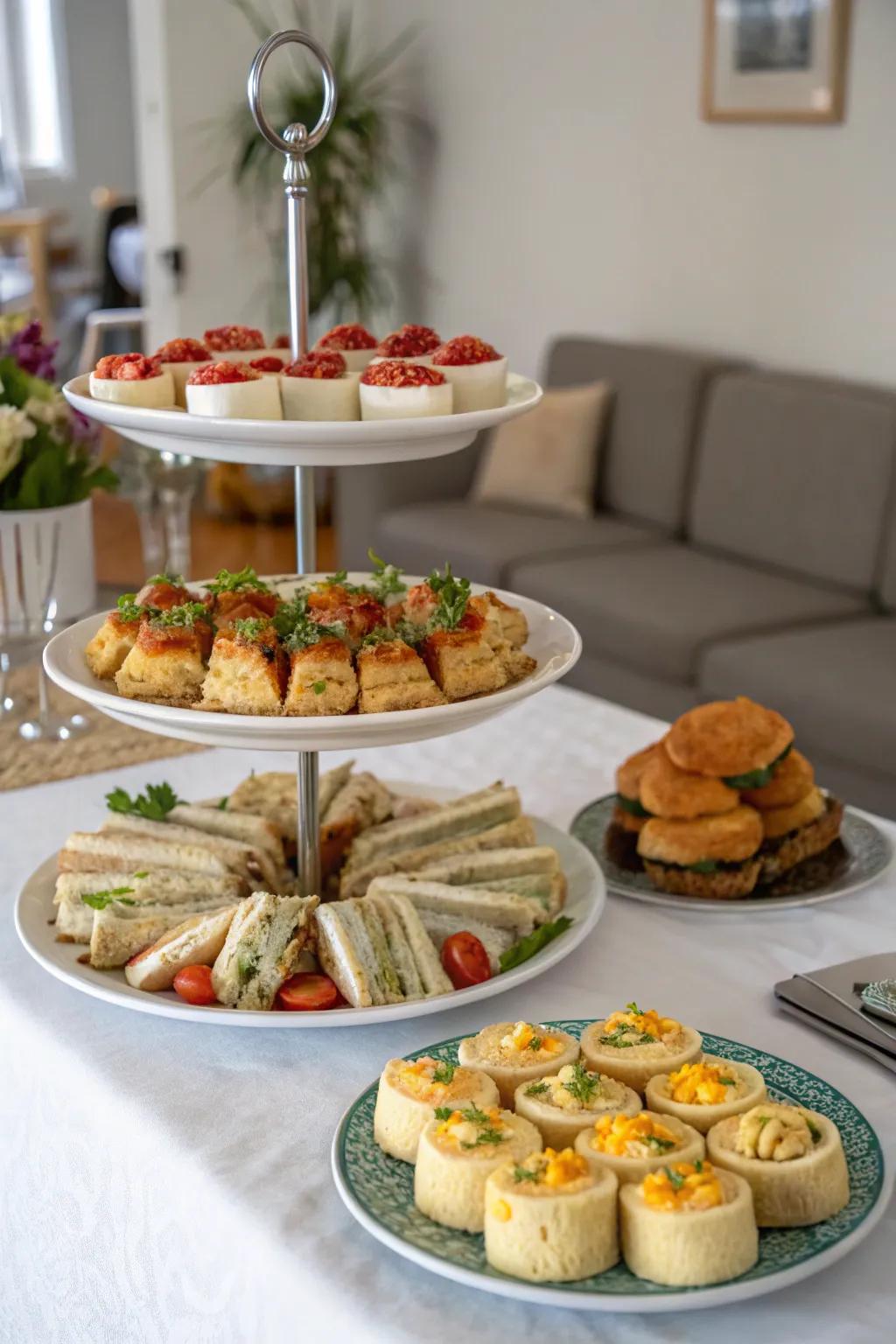 Multi-tiered cake stands create a captivating centerpiece for any event.