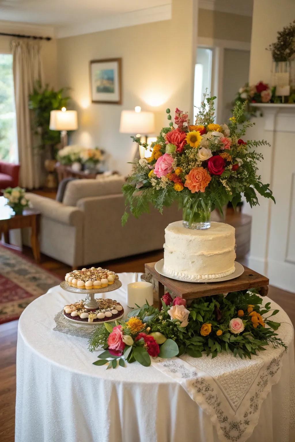 A cake table delightfully decorated with rich floral displays, infusing charm and color.