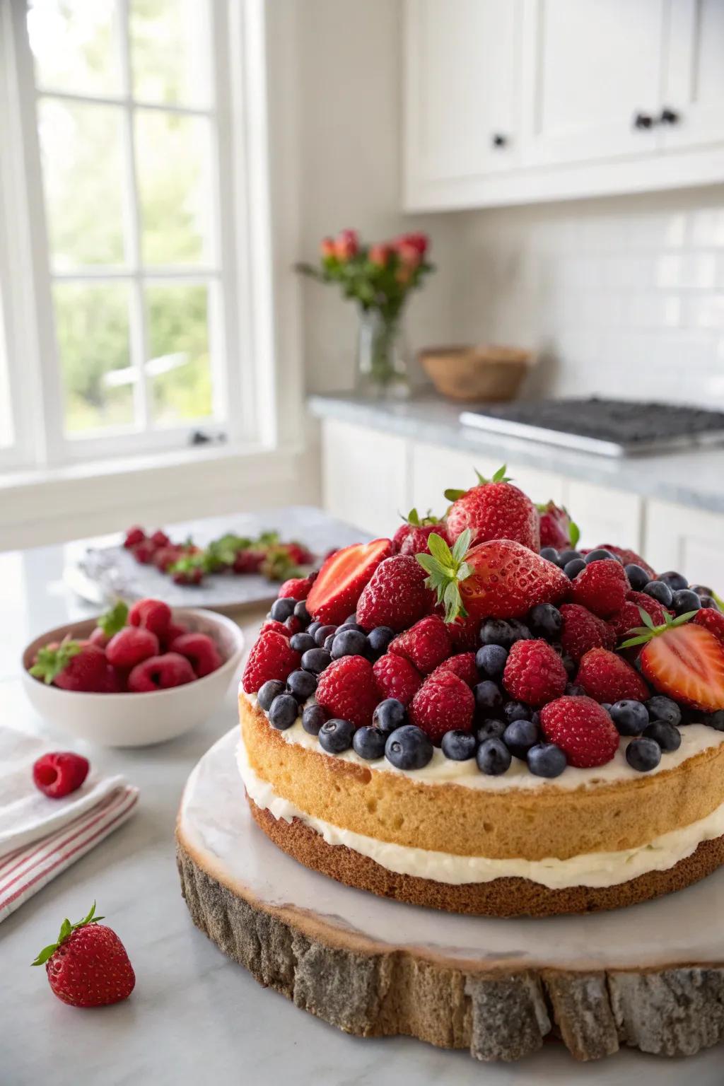 A berry masterpiece cake overflowing with vibrant colors and exquisite tastes.