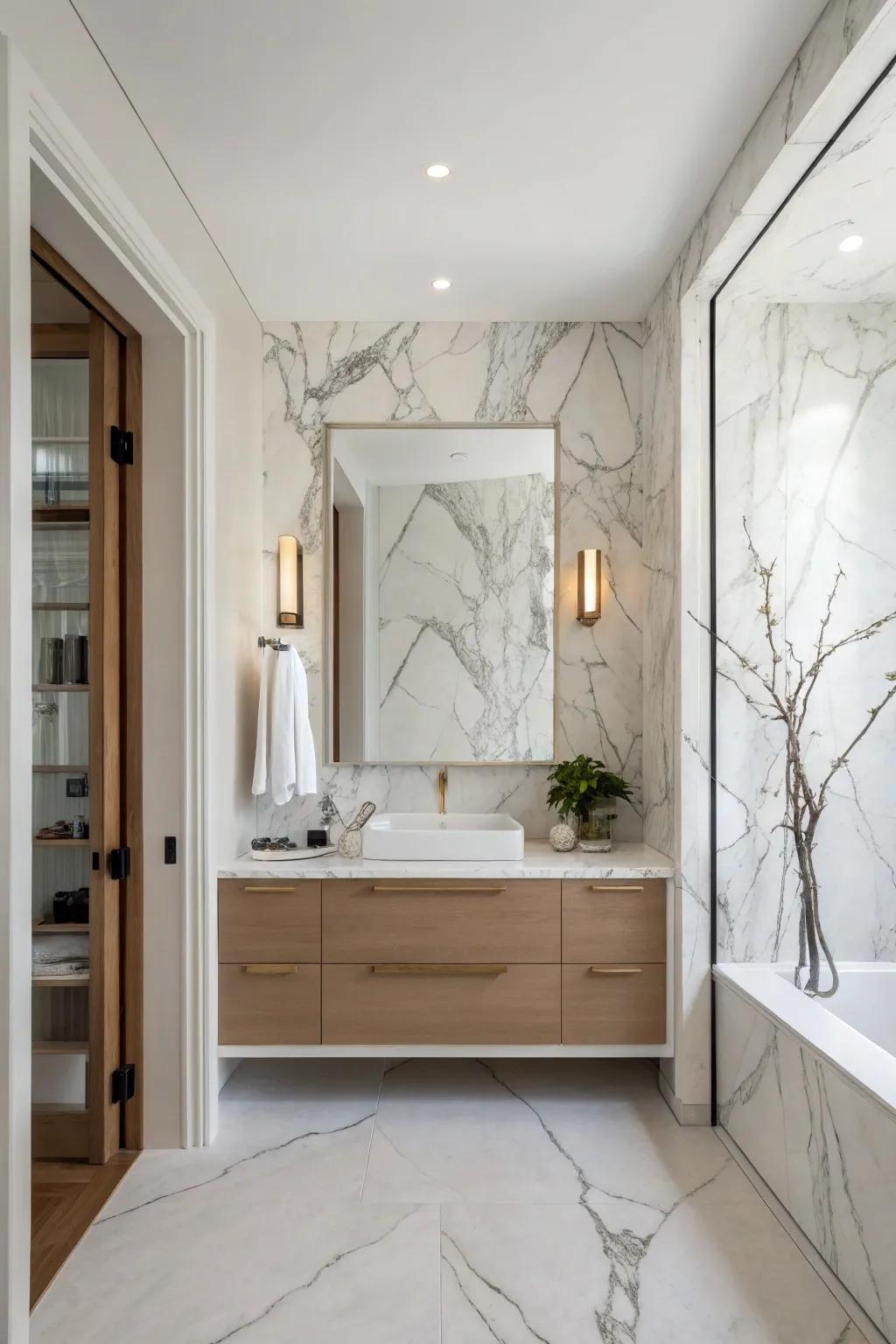 A bathroom presenting a remarkable Luminous Stone accent wall, crafting an elegant center of attention.