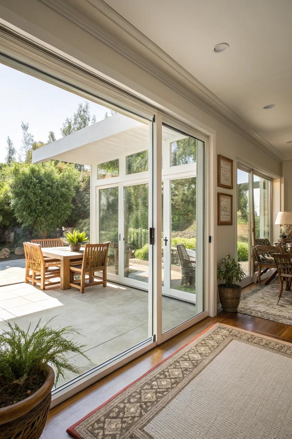Broad glass entrances in a California room that lead to a bright patio.