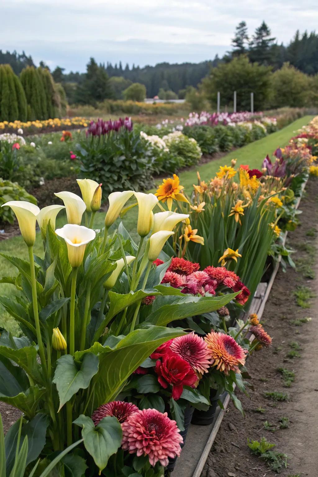 A cut flower patch with calla lilies and matched flowers for personal bouquets.