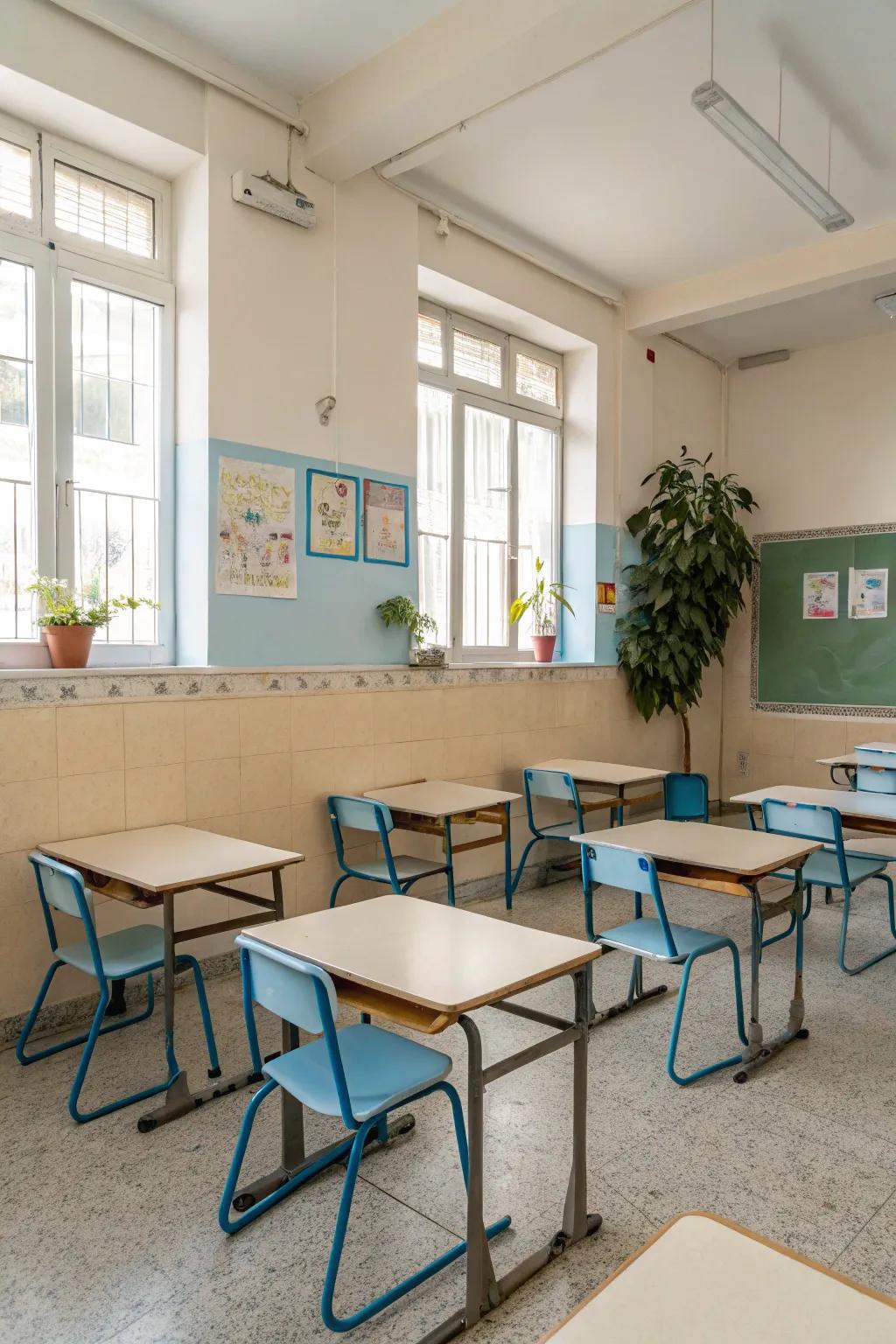 A classroom decorated in gentle, neutral tones to encourage peace.