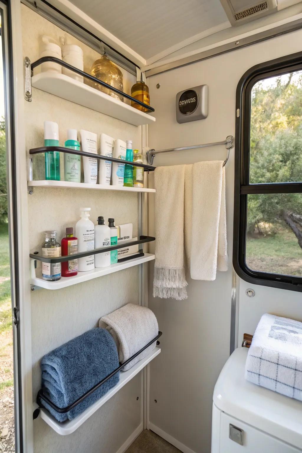Wall-mounted storage units capitalizing on the vertical space in a camper bathroom.