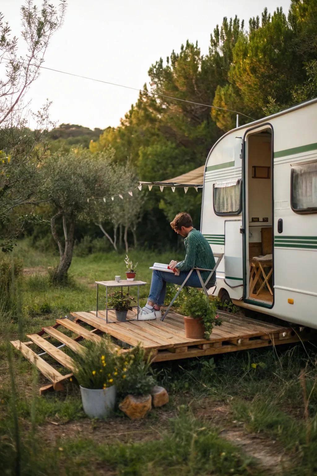 A portable pallet deck offers flexibility and a rustic charm.