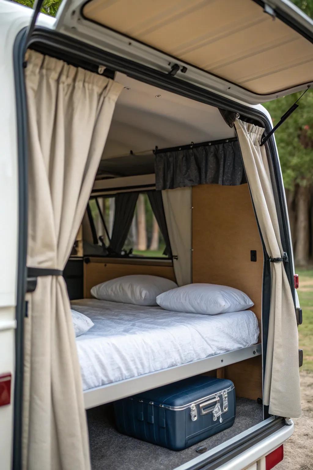 A charming sleeping nook with privacy curtains in a camper shell.