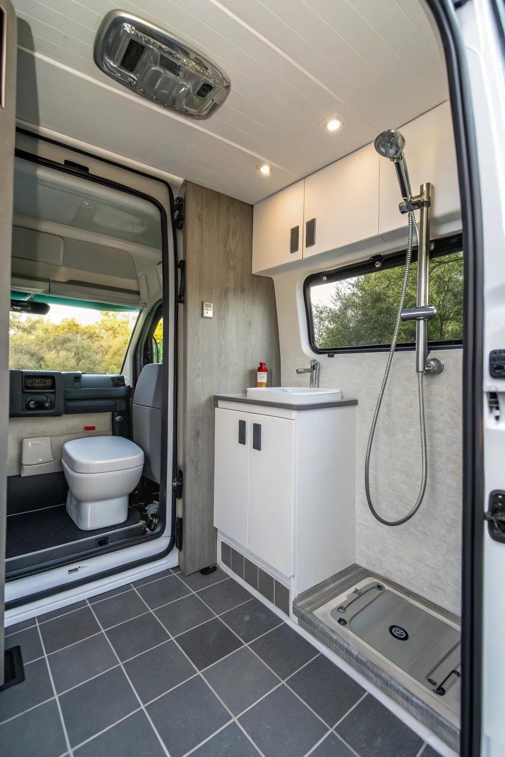 A streamlined wet bath in a camper van showcasing modern fittings and a design that maximizes space.