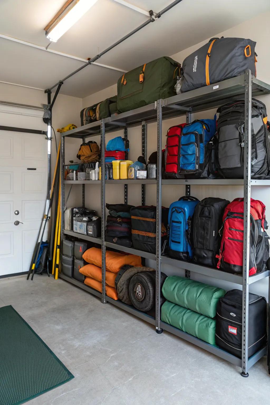 Shelving systems in the garage keep camping gear neatly arranged and accessible.