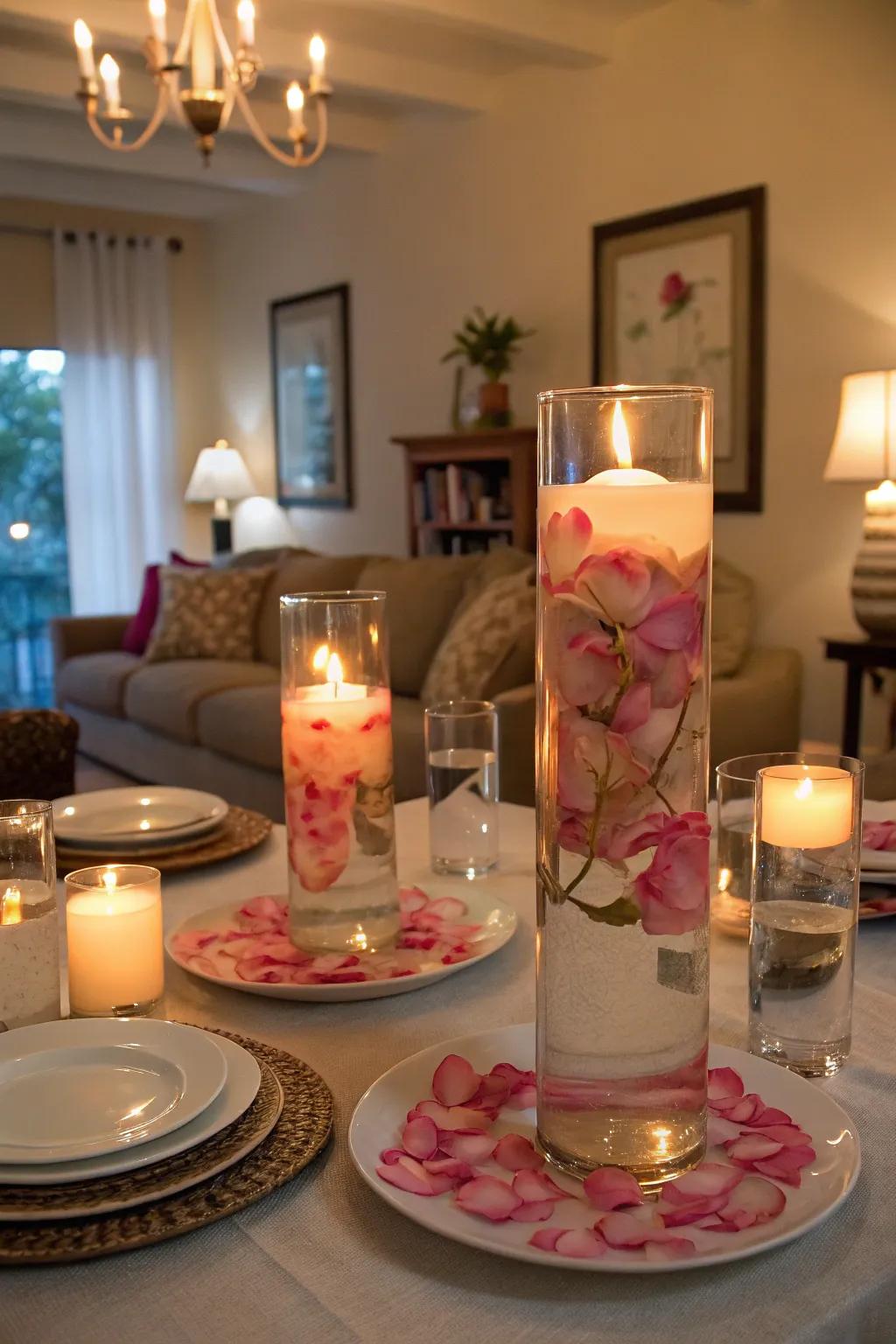 Illuminating candles and flower petals craft a straightforward yet elegant table centerpiece.