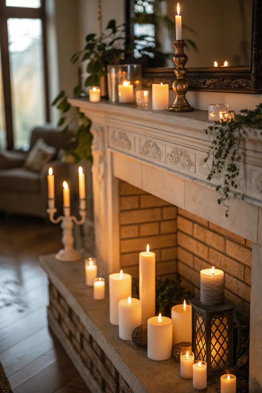An array of candle heights orchestrates depth and visual intrigue within the fireplace setting.
