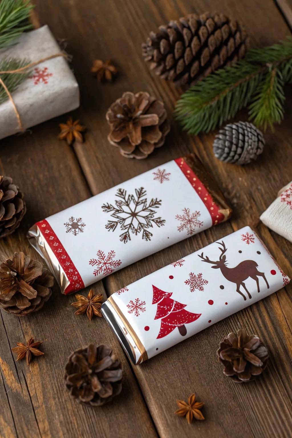 Candy bars adorned with custom festive wrappers, ready to spread joy and holiday cheer.