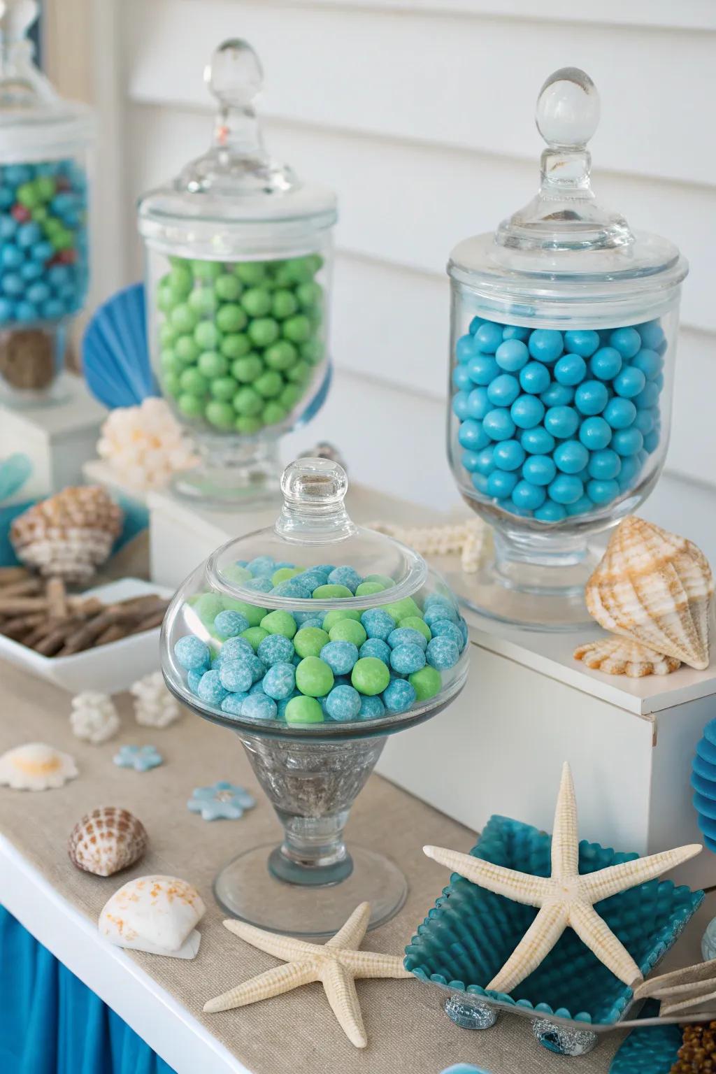 A coastal-inspired candy display that captures the peaceful essence of the shore.
