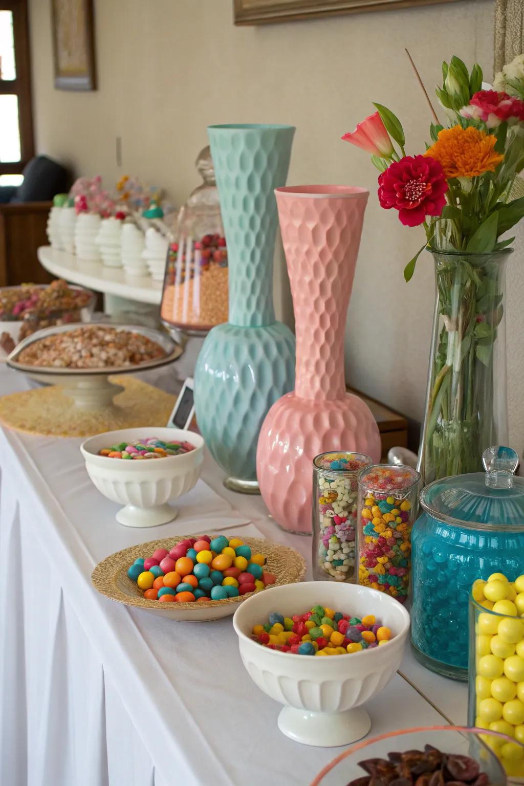 Repurposed items from around the house serve as unique candy containers.