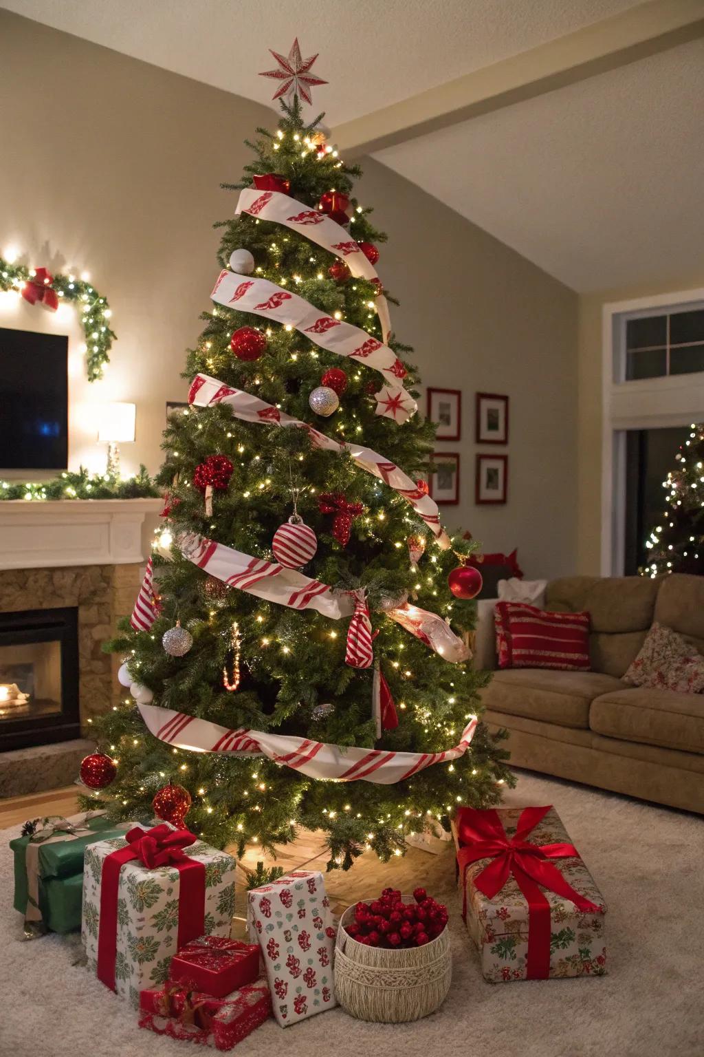 A Christmas tree showcased in timeless candy cane hues.