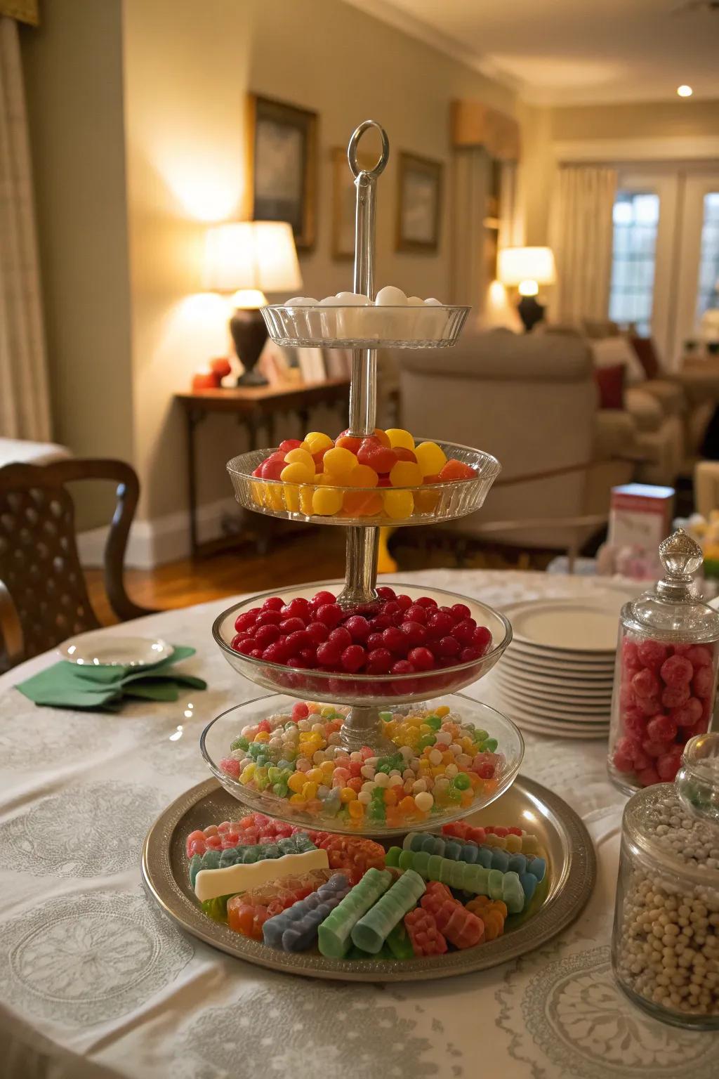 A tiered candy display, adding elegance to the table.