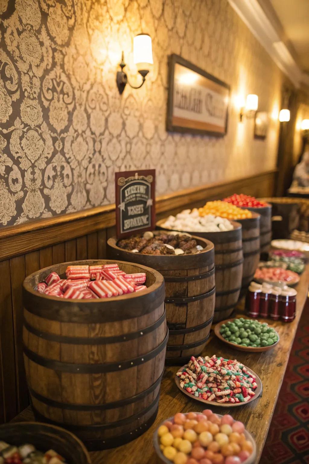 Nostalgic dessert table featuring old-fashioned sweets presented in charming metal containers.