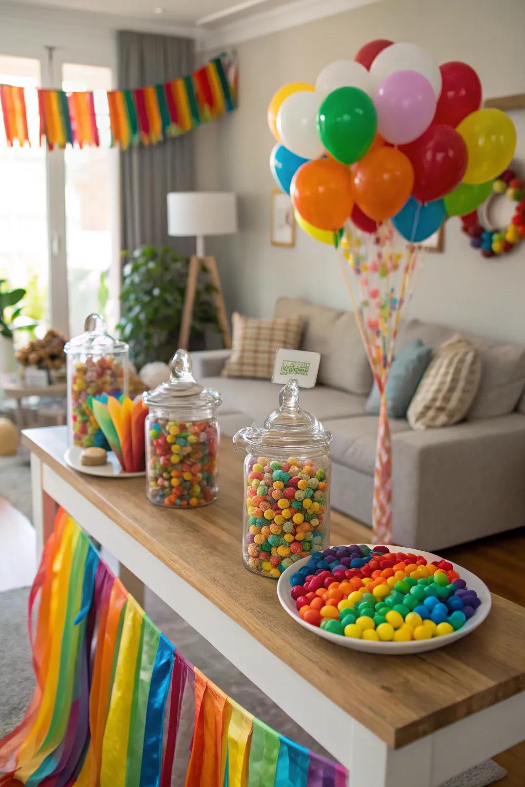 A rainbow-themed sweets table bursting with colorful treats.