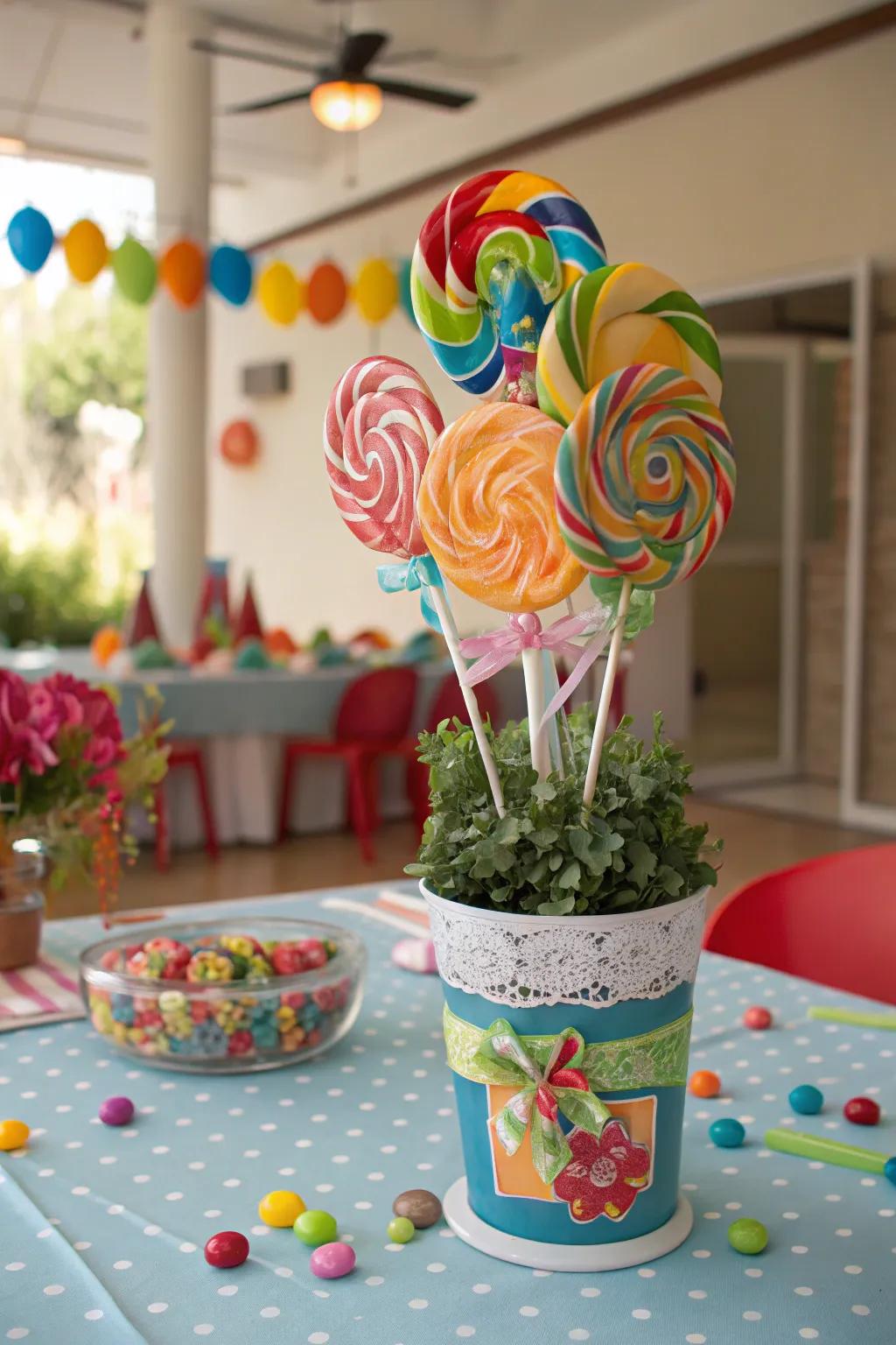 Giant imitation sweets in a decorative pot create a memorable centerpiece.