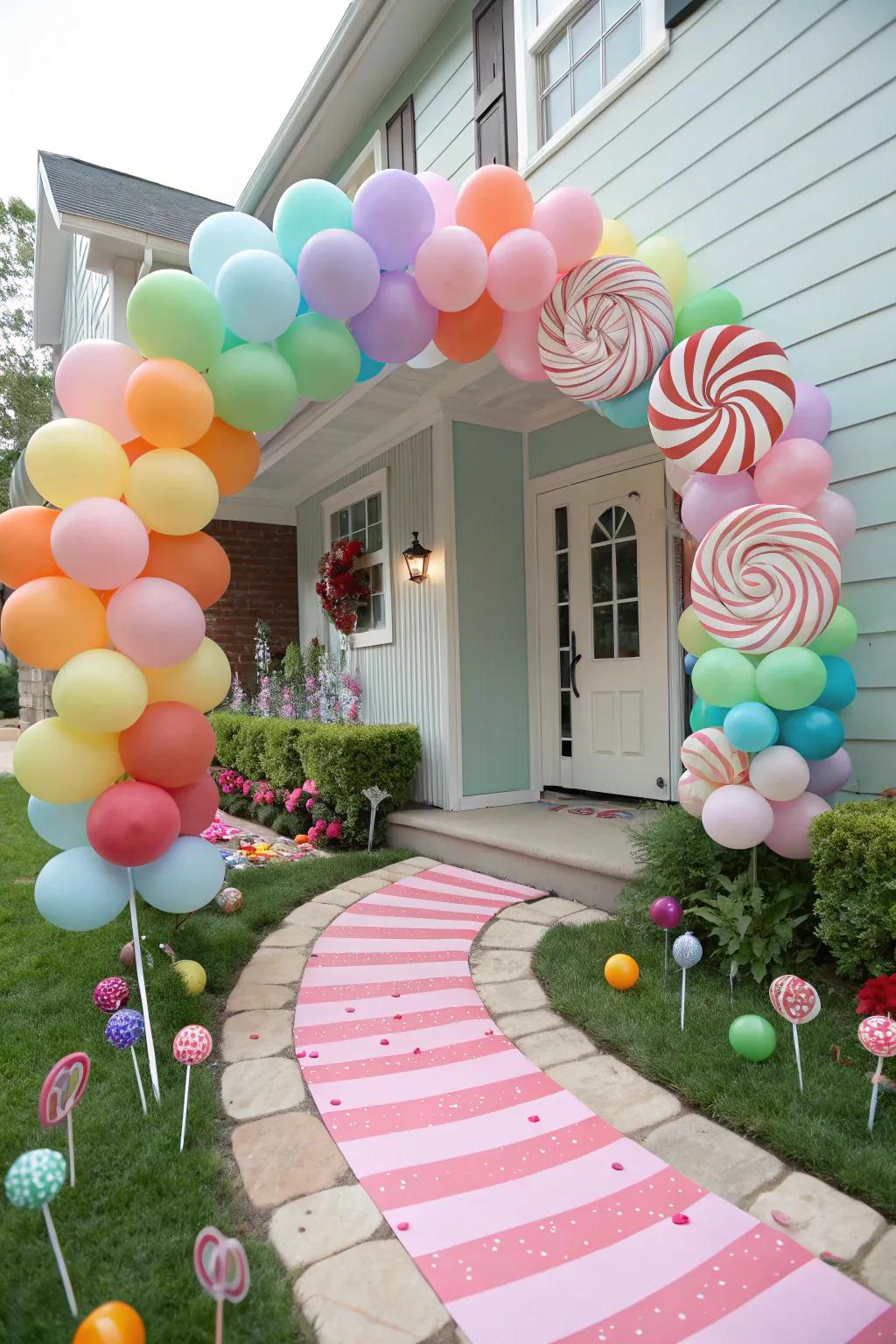 A vivid candy-colored balloon arch greets guests with a delightful touch.