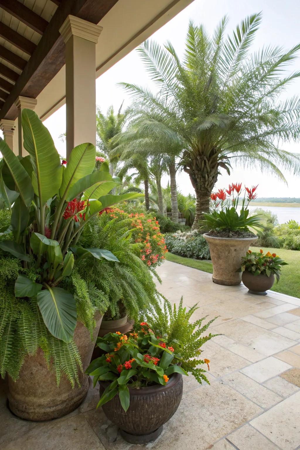 A patio transformed into a tropical haven featuring pinta lilies, ferns, and palms.