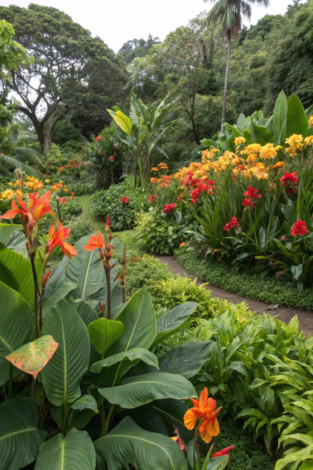 A backyard escape featuring tropical flora, including canna lilies.