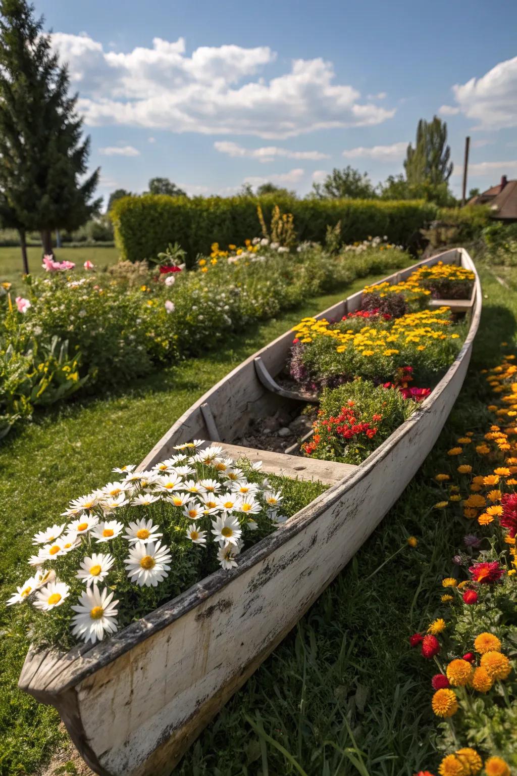 A canoe planter adorned with a rainbow of flowers, brightening the garden.