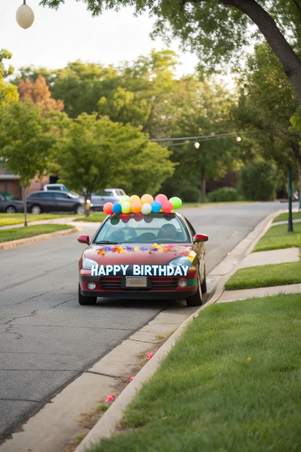 A car joyfully decorated with balloons and a birthday banner, ready to surprise the birthday person.