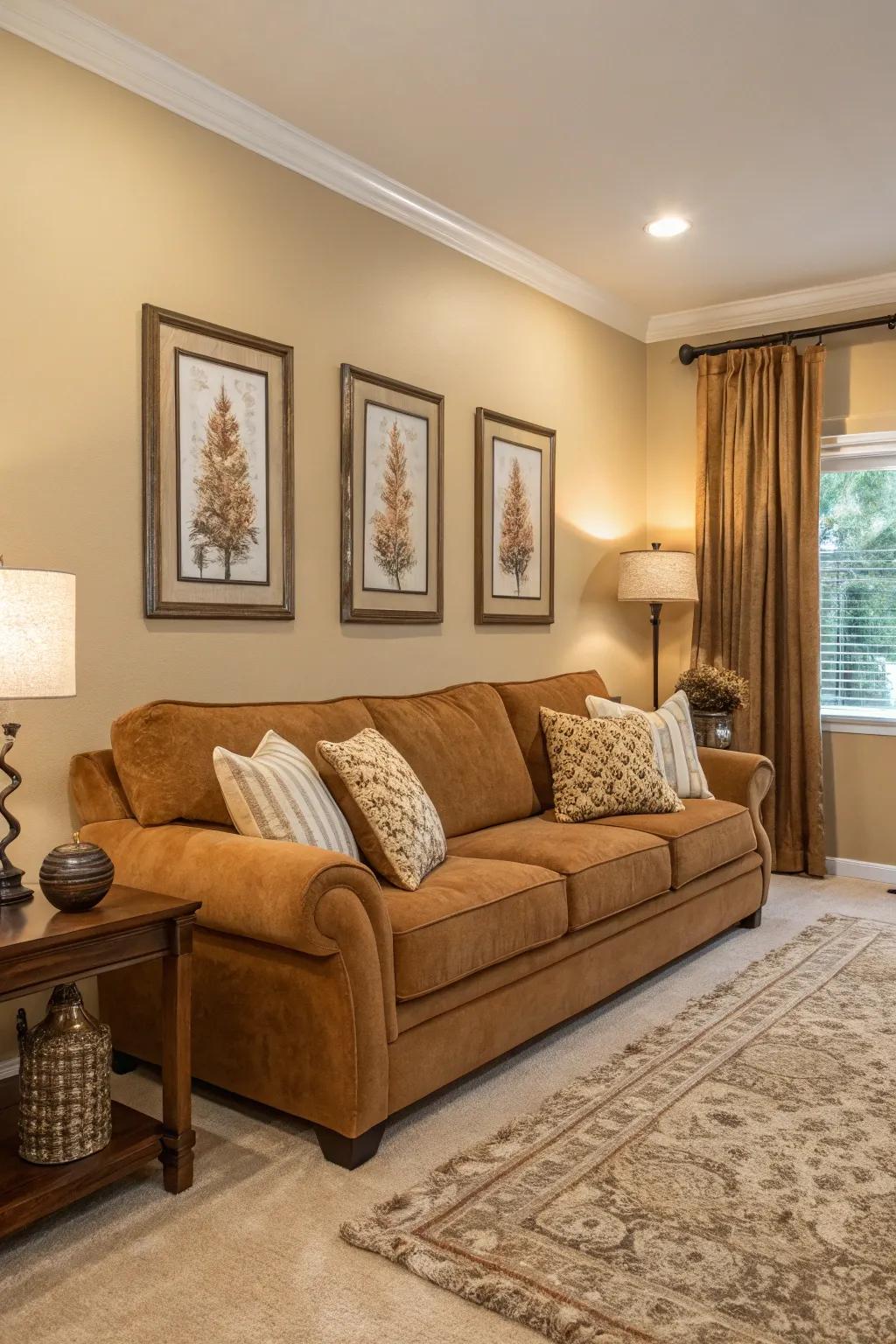 Natural shades enhance the warmth of a tawny sofa.